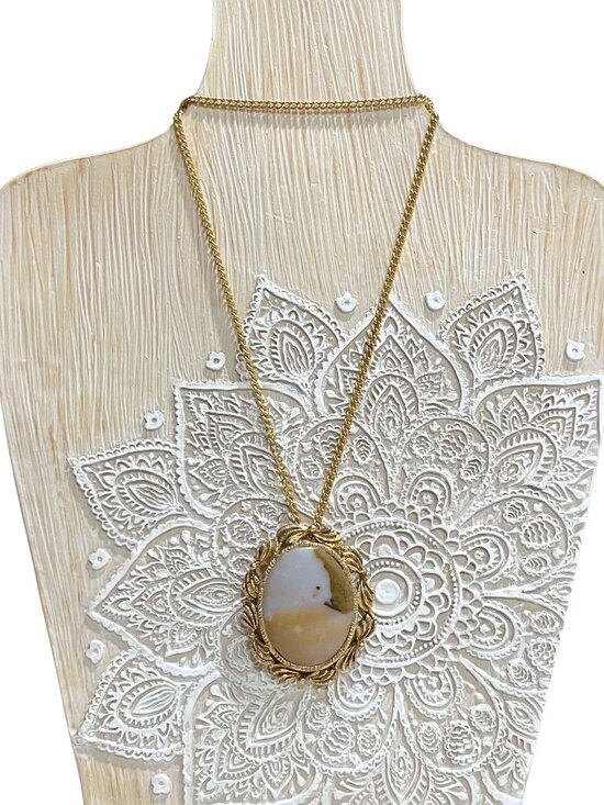 Vintage 60s 70s Agate Gold Tone Statement Necklace Boho Retro Large Cabochon 23” - Picture 1 of 10
